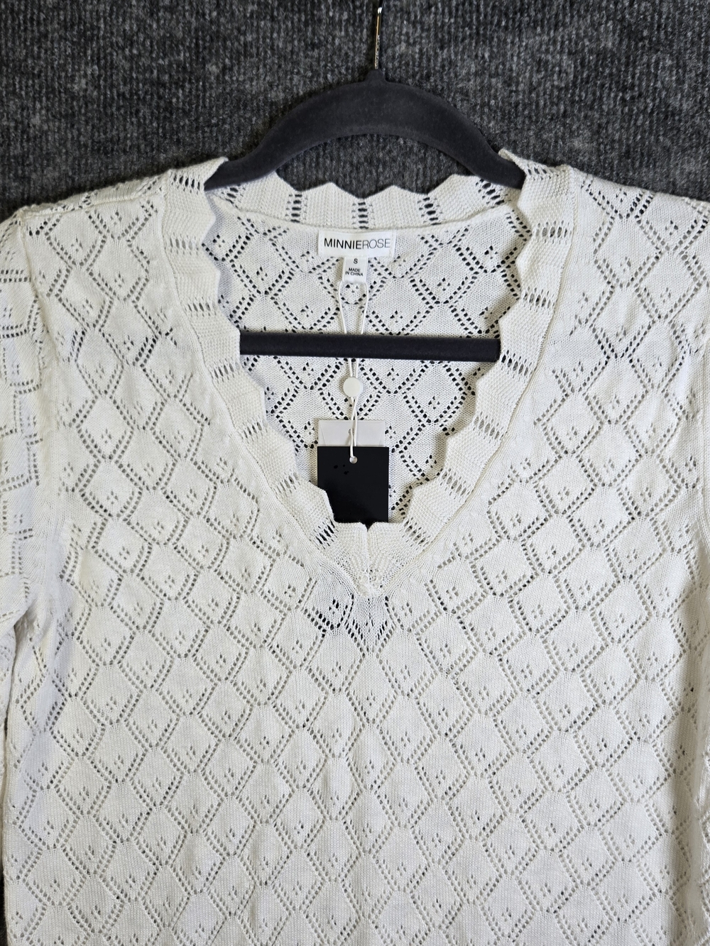 MinnieRose Sweater Womens S White Pointelle Open Knit Cotton Cashmere V Neck New - Picture 2 of 12
